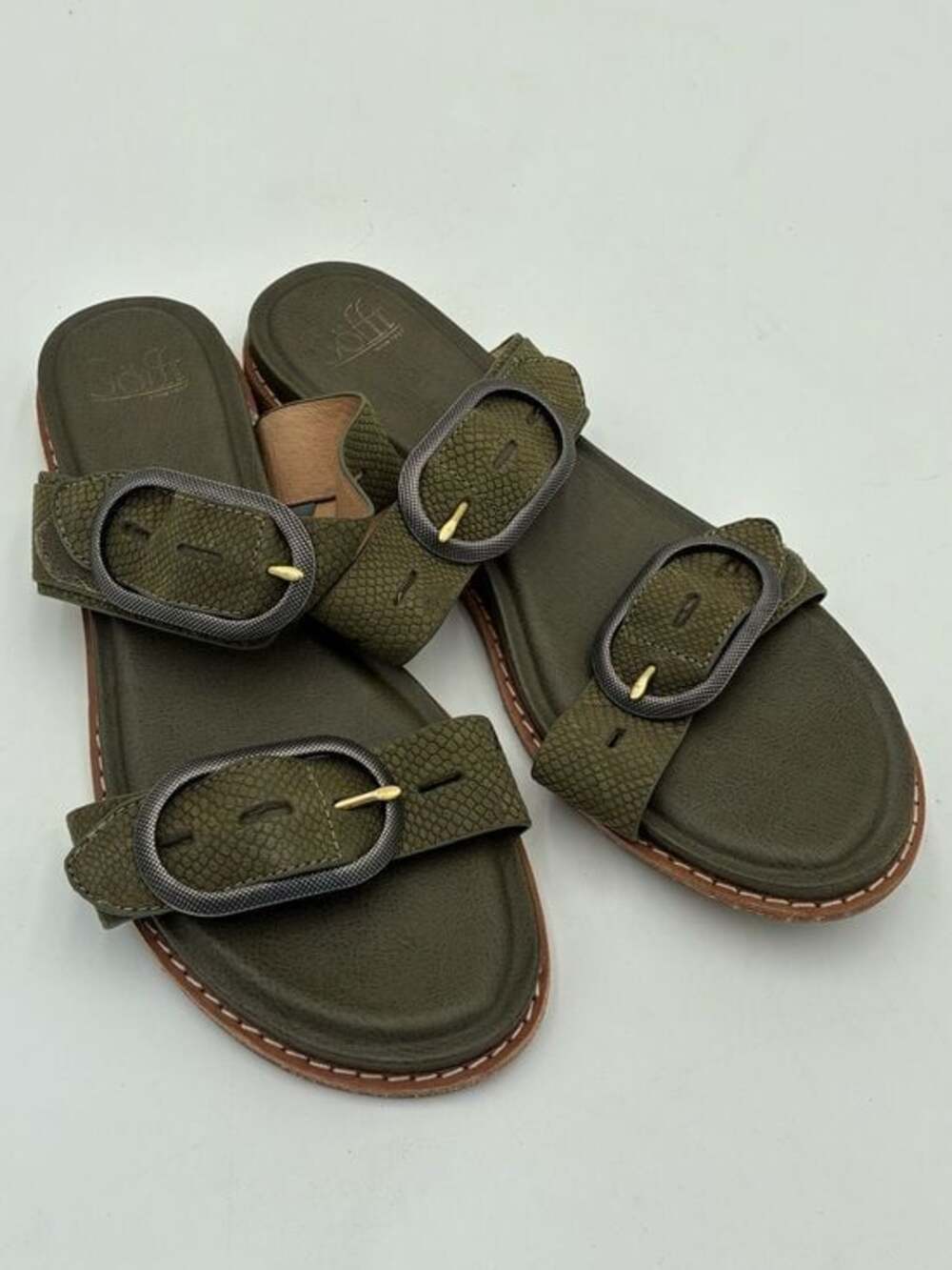 Sofft Olive Slide Sandals with Textured Double Buckles